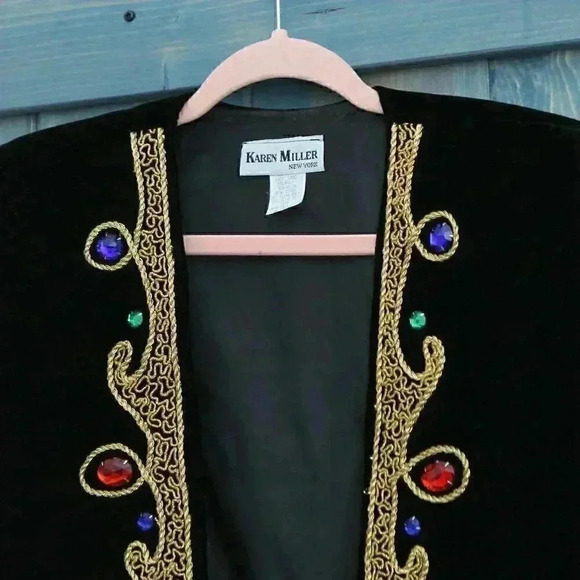 1980s Black Velvet Beaded Dress and Jacket Two Piece Cocktail Size - Picture 7 of 10